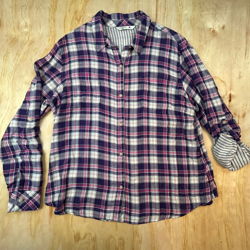 Riders by Lee Womens Purple Pink Plaid Roll Tab Sleeve Cotton Shirt XL